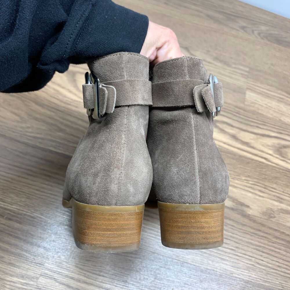Aquatalia Faria Booties Taupe Brown Size 7.5 Suede Ankle Boots Buckle Italy - Picture 4 of 13
